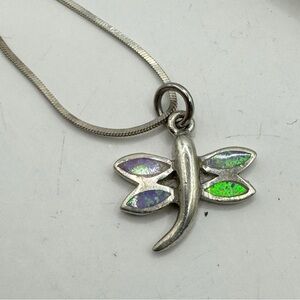 Sterling silver dragonfly necklace with opal inlay wings whimsical art nouveau
